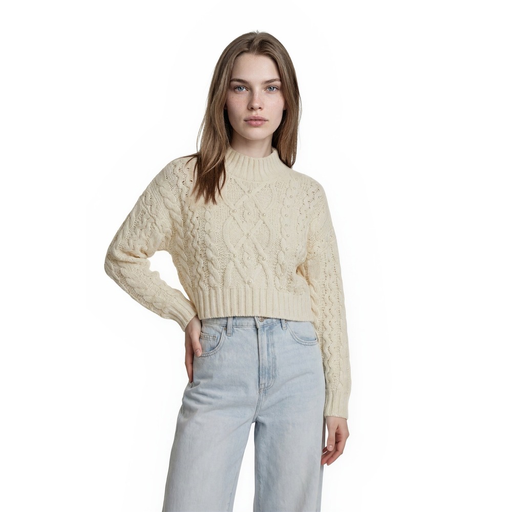 NEW SHE + SKY Sweater Women's Size Medium Ivory Cable Knit Pearl Mock Neck Crop